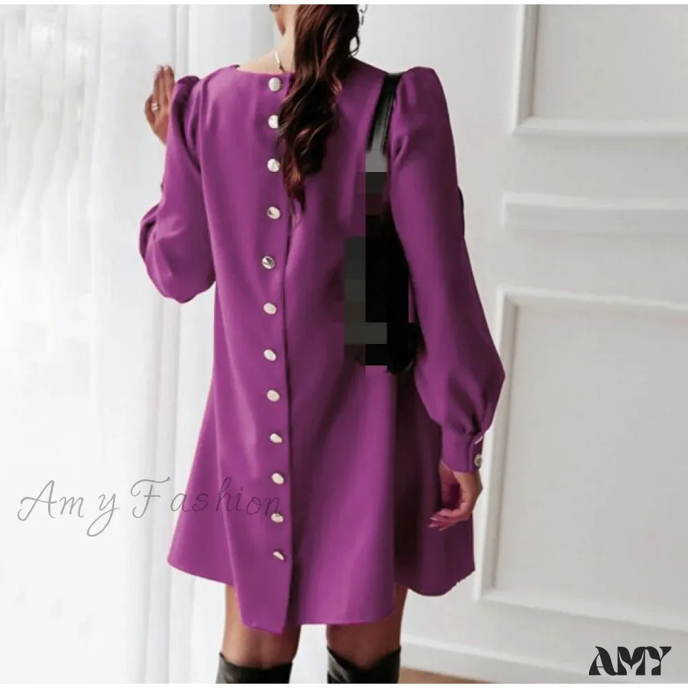 Amy Fashion - Long Sleeve Loose O-neck Button Solid A-line Elegant Dresses