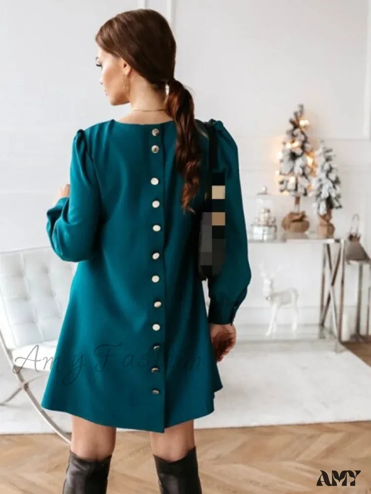 Amy Fashion - Long Sleeve Loose O-neck Button Solid A-line Elegant Dresses