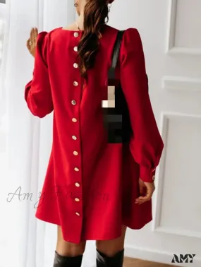 Amy Fashion - Long Sleeve Loose O-neck Button Solid A-line Elegant Dresses