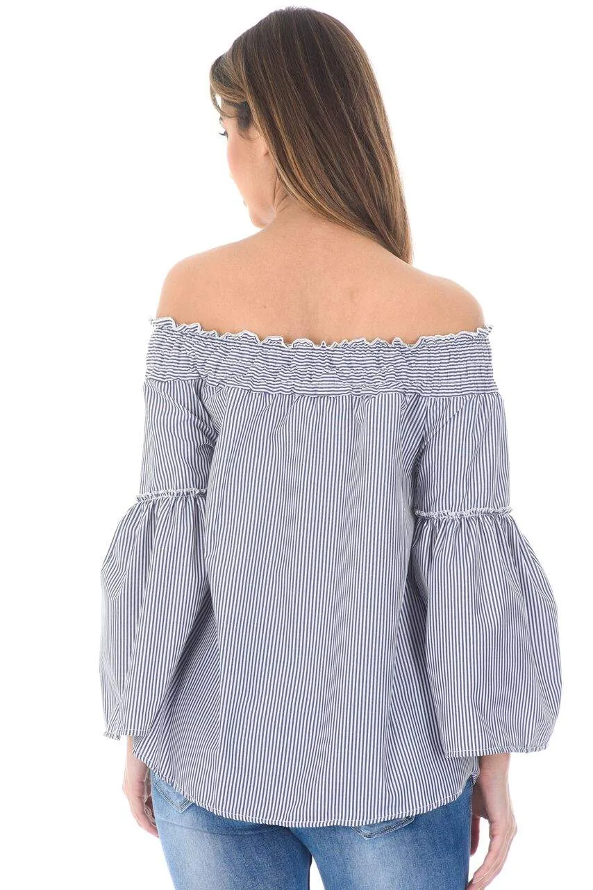 Blue Off The Shoulder Pin Striped Top