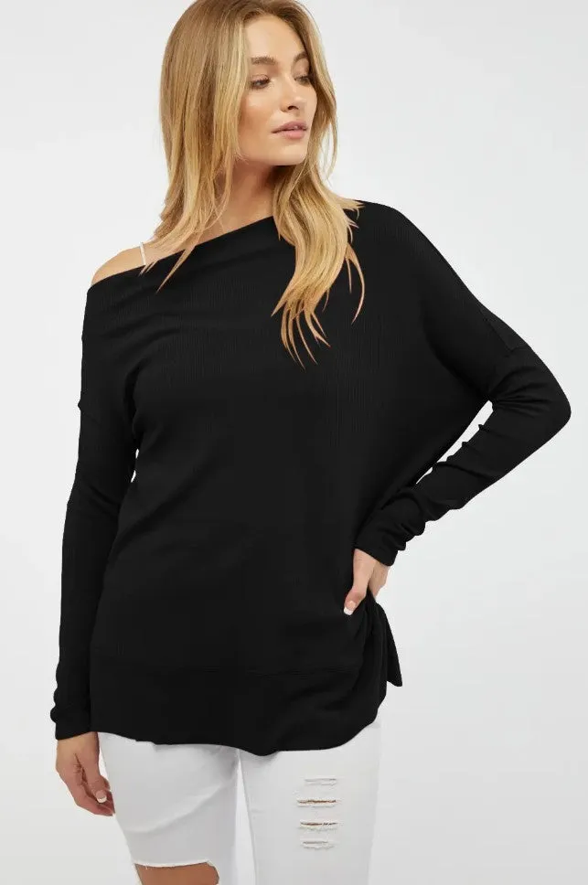 Boat Neck Dolman Sleeve Loose Sweater Top Black