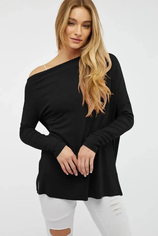 Boat Neck Dolman Sleeve Loose Sweater Top Black