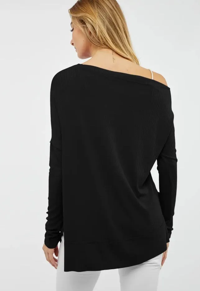 Boat Neck Dolman Sleeve Loose Sweater Top Black