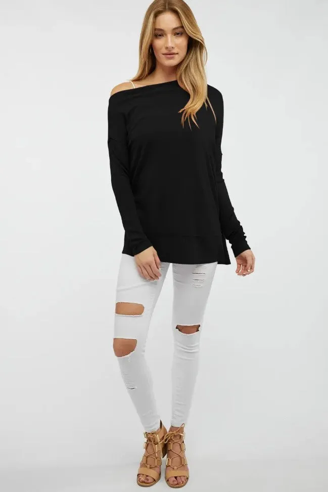 Boat Neck Dolman Sleeve Loose Sweater Top Black