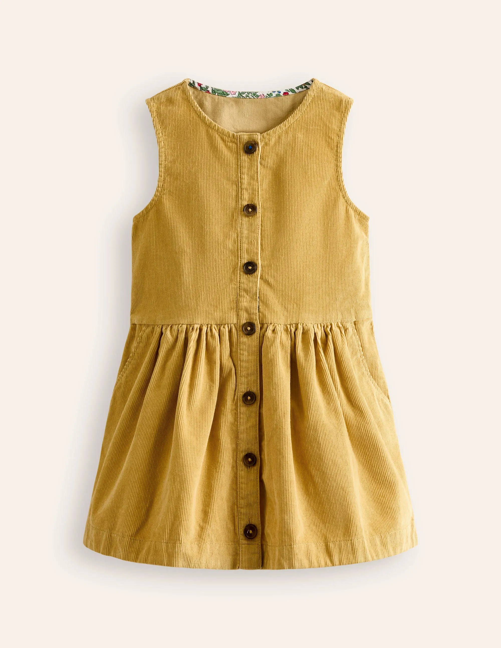 Button Through Pinafore Dress-Honeycomb Yellow Cord