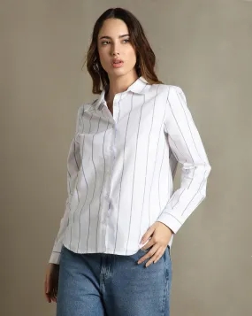 DL Woman White Striped Spread Collar Full Sleeves Relaxed Fit Shirt