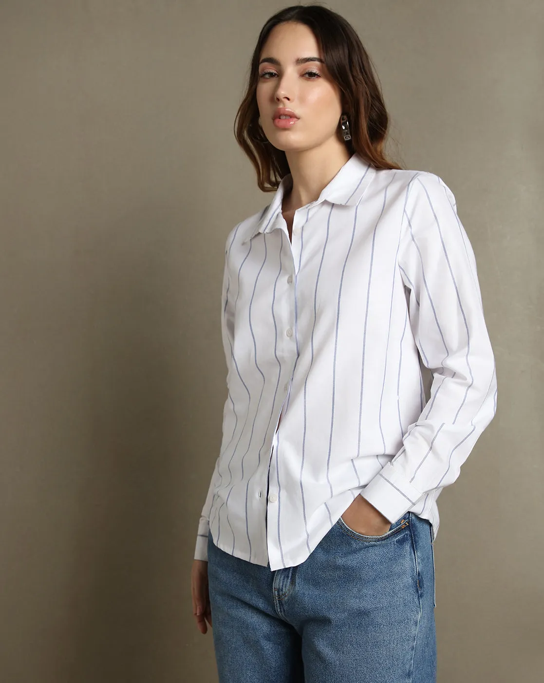 DL Woman White Striped Spread Collar Full Sleeves Relaxed Fit Shirt