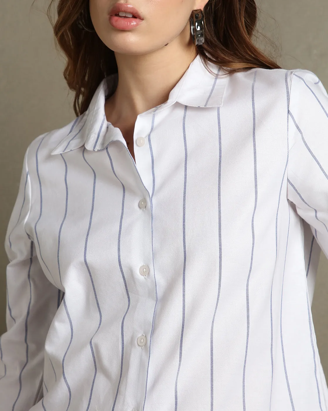 DL Woman White Striped Spread Collar Full Sleeves Relaxed Fit Shirt