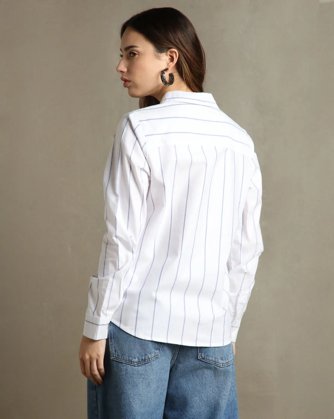 DL Woman White Striped Spread Collar Full Sleeves Relaxed Fit Shirt