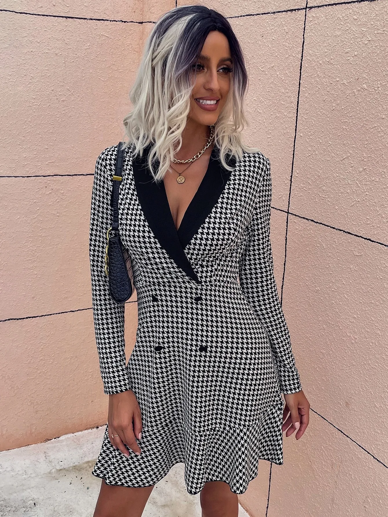 Elegant Houndstooth Button Front Long Sleeve V Neck Flounce High Waist Short Dress