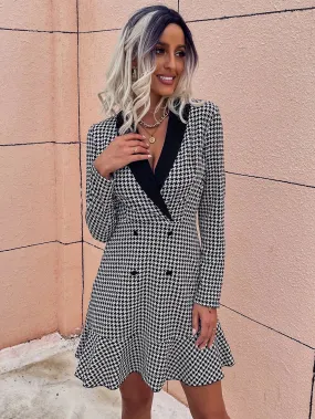 Elegant Houndstooth Button Front Long Sleeve V Neck Flounce High Waist Short Dress