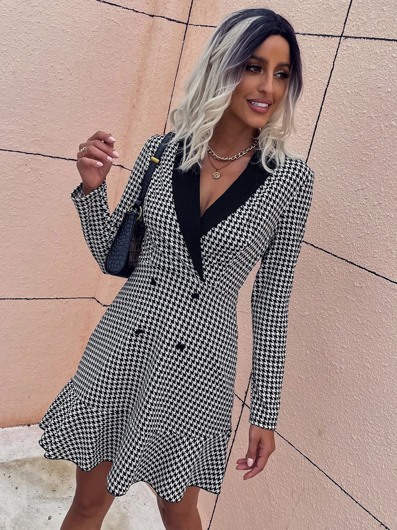 Elegant Houndstooth Button Front Long Sleeve V Neck Flounce High Waist Short Dress