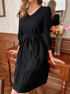 Elegant Plain Belted Three Quarter Length Sleeve V Neck Flounce High Waist Knee Length Dress