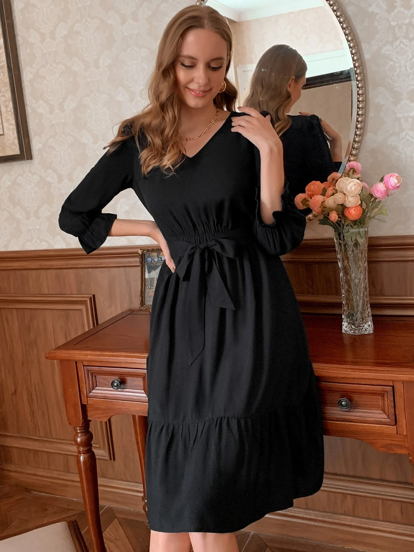 Elegant Plain Belted Three Quarter Length Sleeve V Neck Flounce High Waist Knee Length Dress