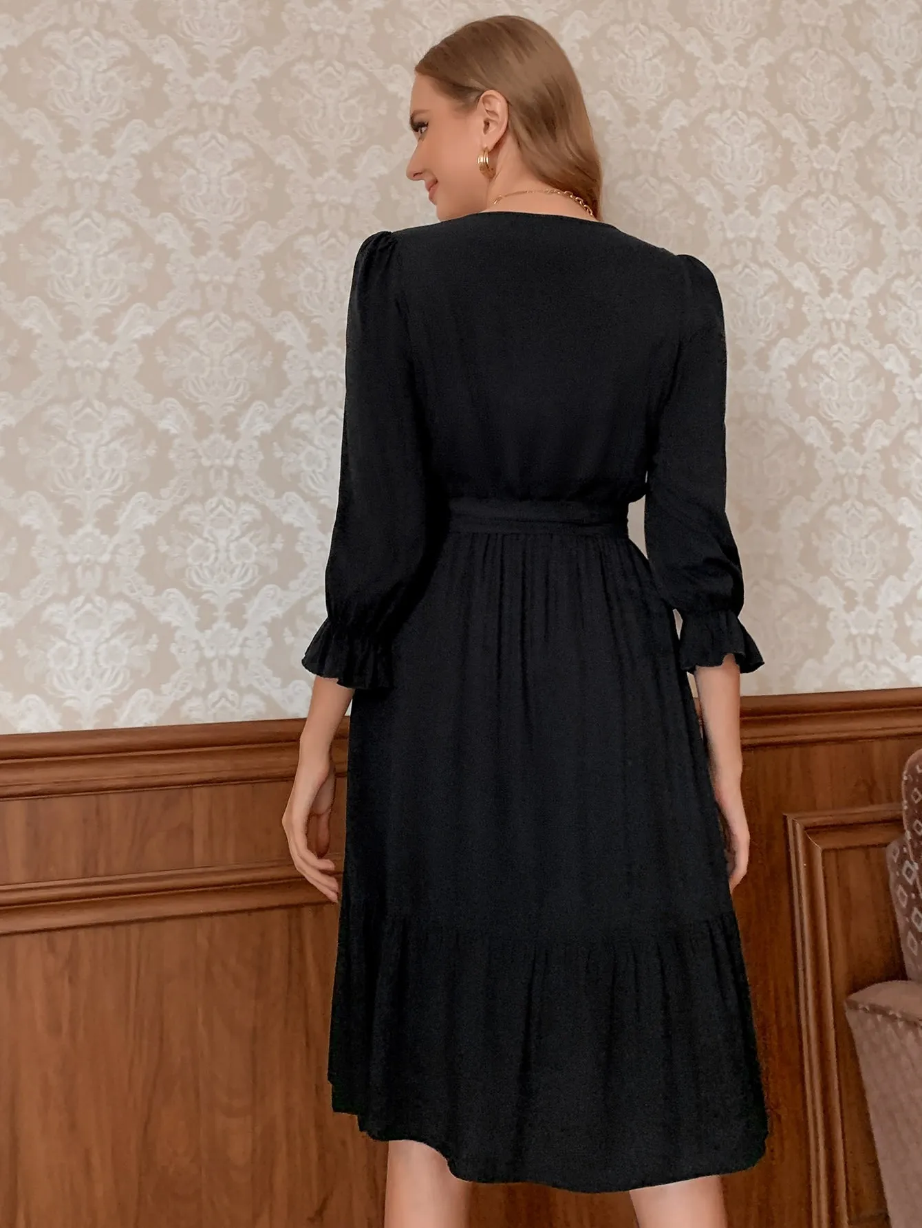 Elegant Plain Belted Three Quarter Length Sleeve V Neck Flounce High Waist Knee Length Dress