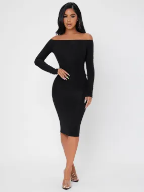 Elegant Plain Long Sleeve Off The Shoulder Pencil Natural Midi Dress