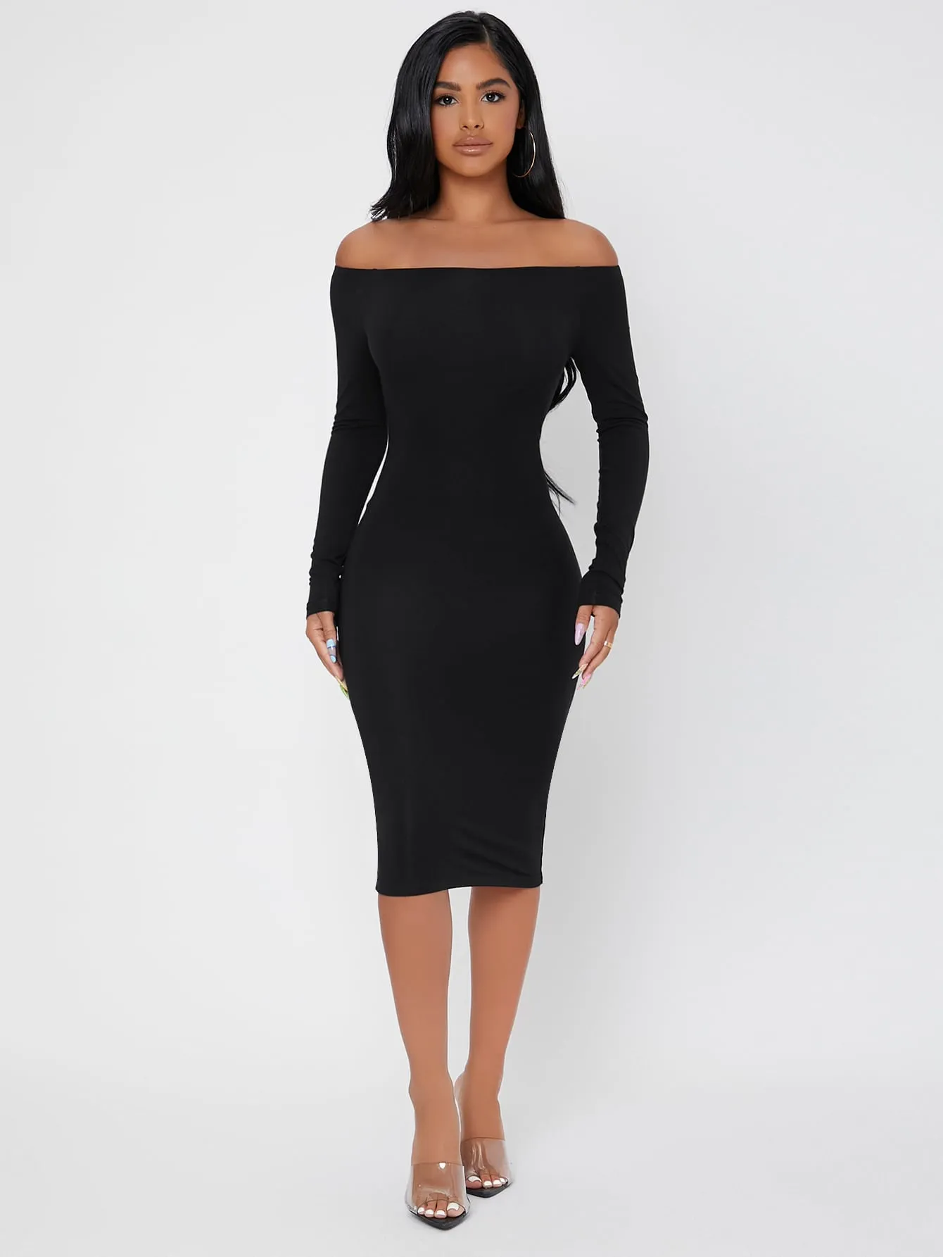 Elegant Plain Long Sleeve Off The Shoulder Pencil Natural Midi Dress