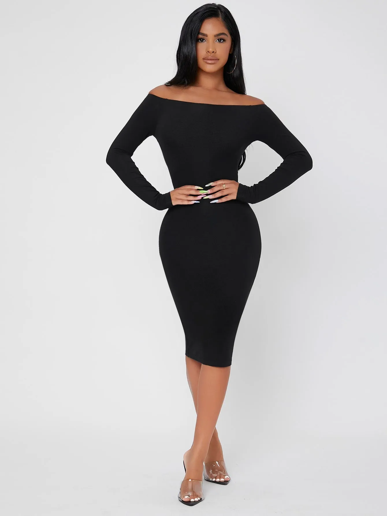 Elegant Plain Long Sleeve Off The Shoulder Pencil Natural Midi Dress