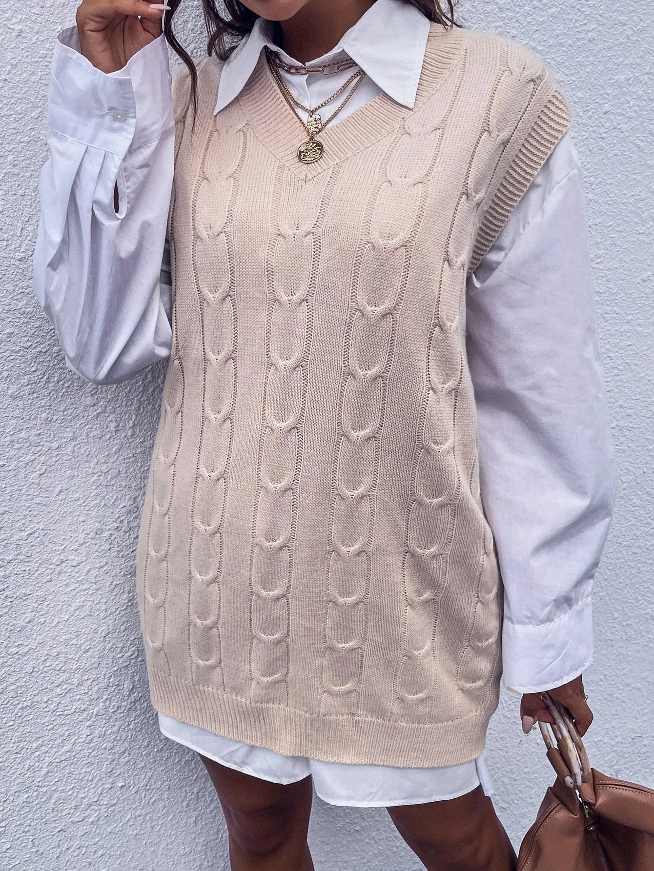 Elegant Plain Sleeveless V Neck Straight Natural Short Women Sweater Dress