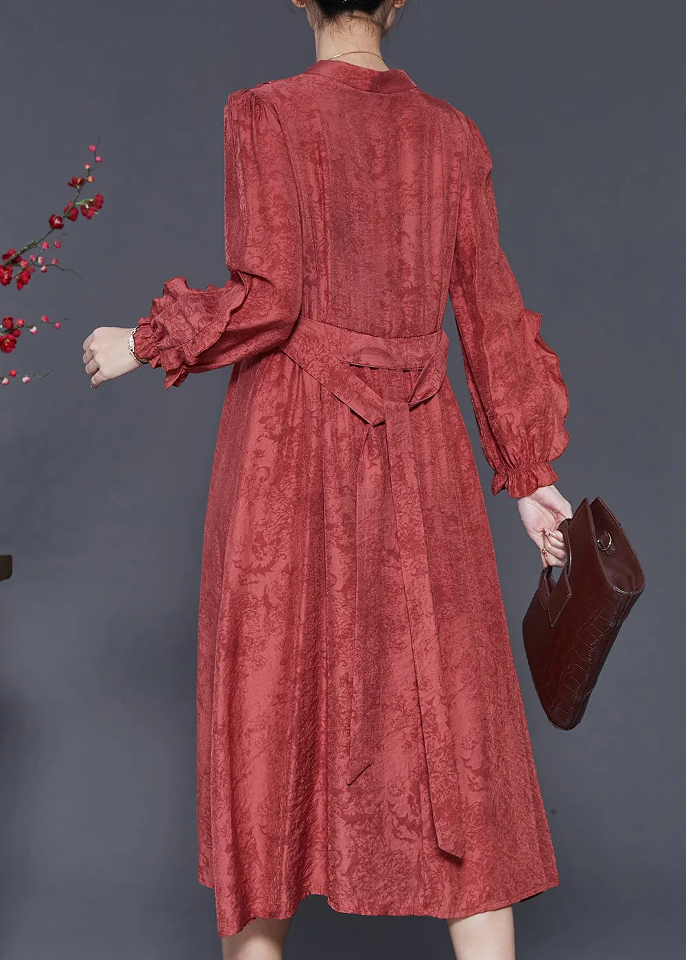 Elegant Red Ruffled Jacquard Cotton Robe Dresses Spring SD1032