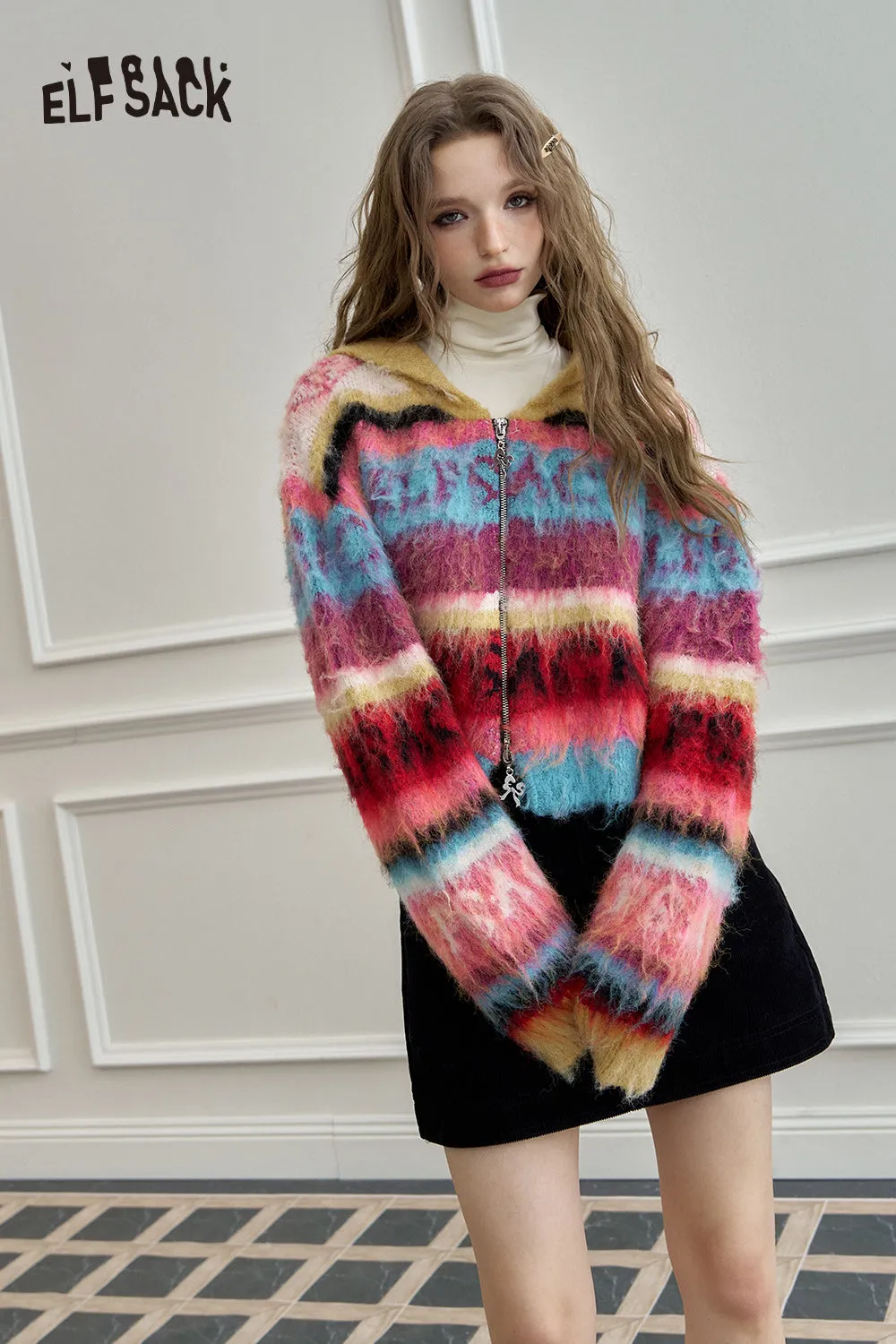 ELFSACK 2024 Winter New Arrivals Colorful long haired striped zipper hooded sweater cardigan for women