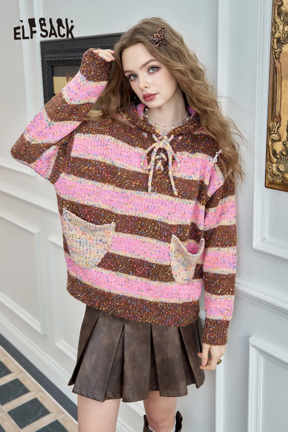 ELFSACK 2024 Winter New Arrivals Colorful striped hooded tied sweater for women