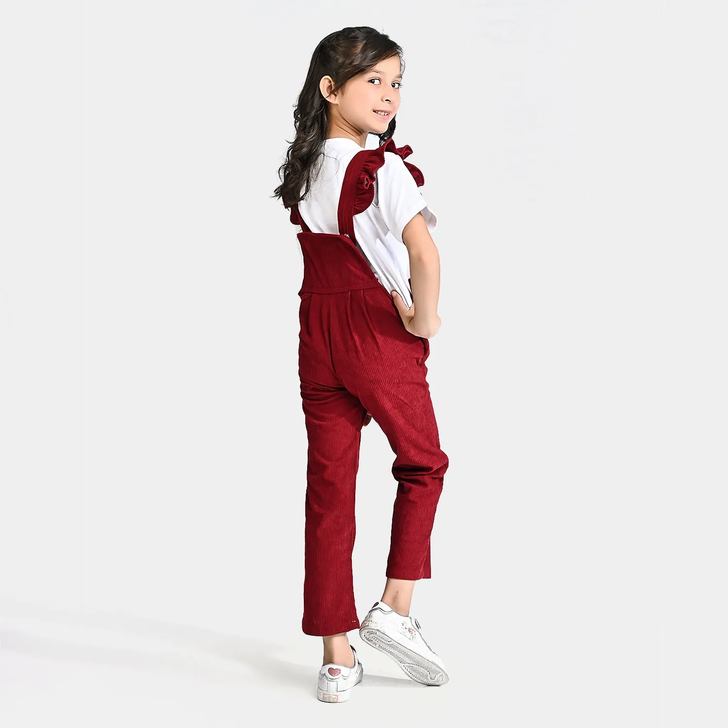 Girls Corduroy Dangri Embroidered Floral Yoke-Burgendy