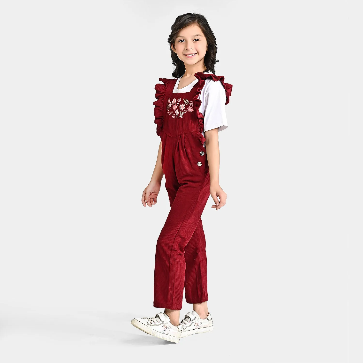 Girls Corduroy Dangri Embroidered Floral Yoke-Burgendy