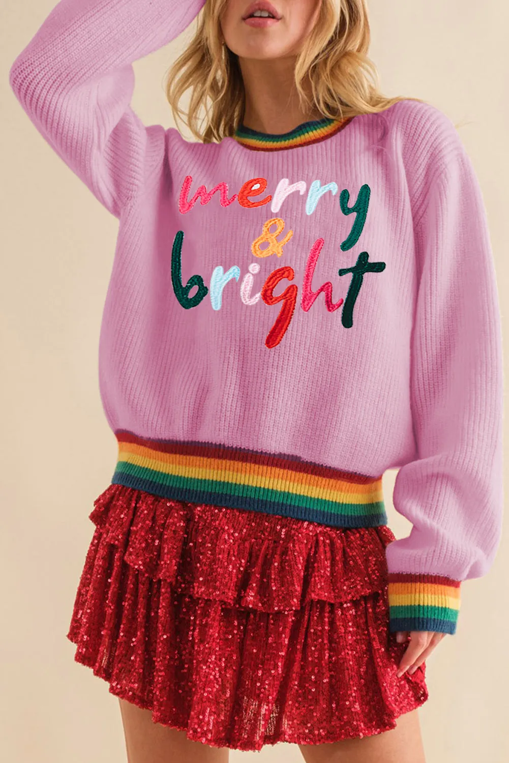 Glitter Merry & Bright Stripe Trim Sweater