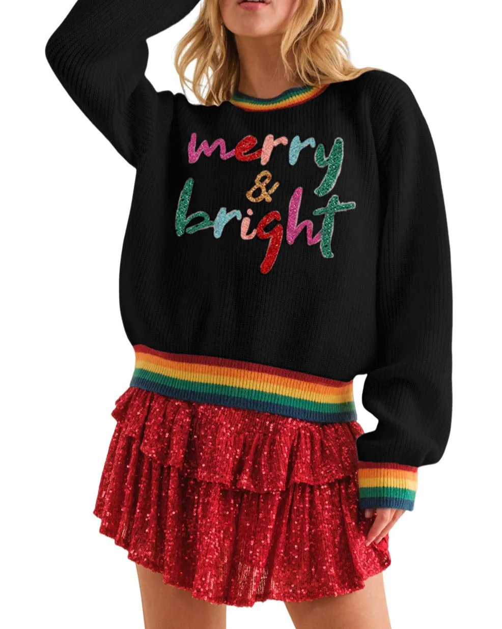 Glitter Merry & Bright Stripe Trim Sweater