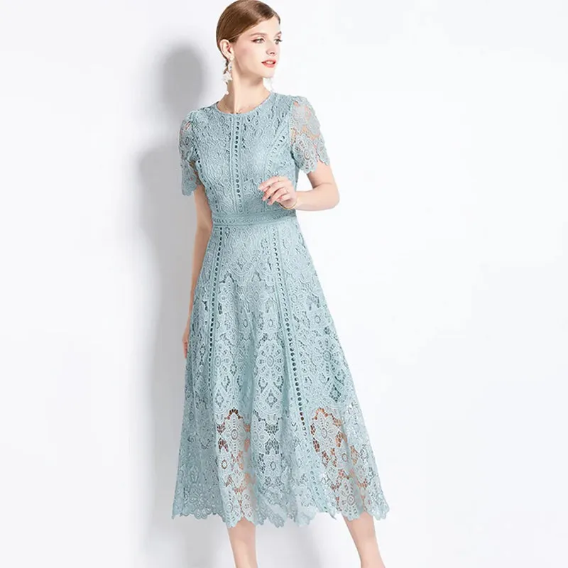 High-end Vibe of Summer Short Sleeve Lace Hollow Out Dress