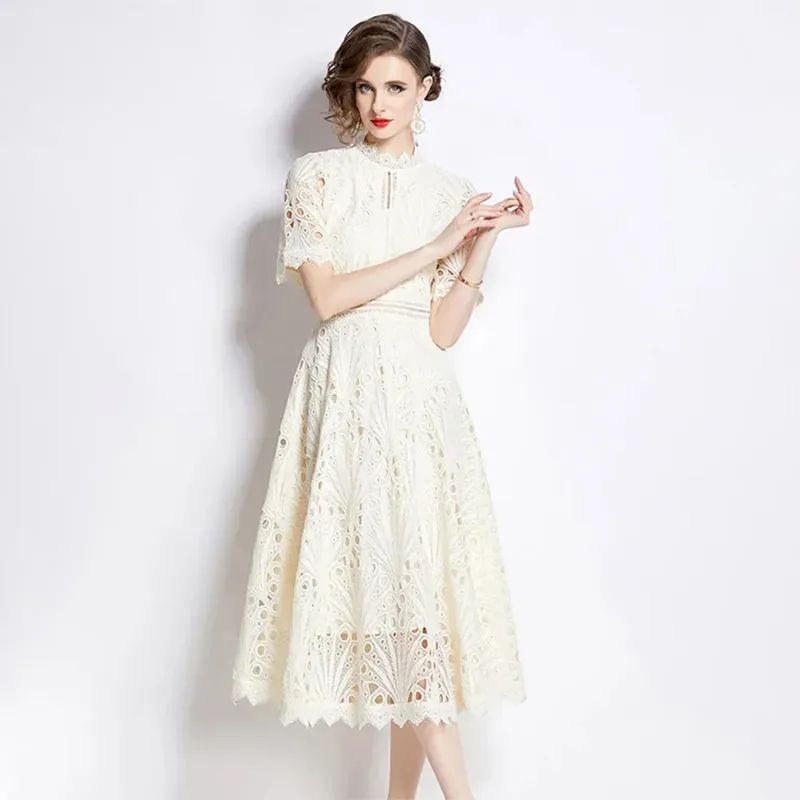 High-end Vibe of Summer Short Sleeve Lace Hollow Out Dress