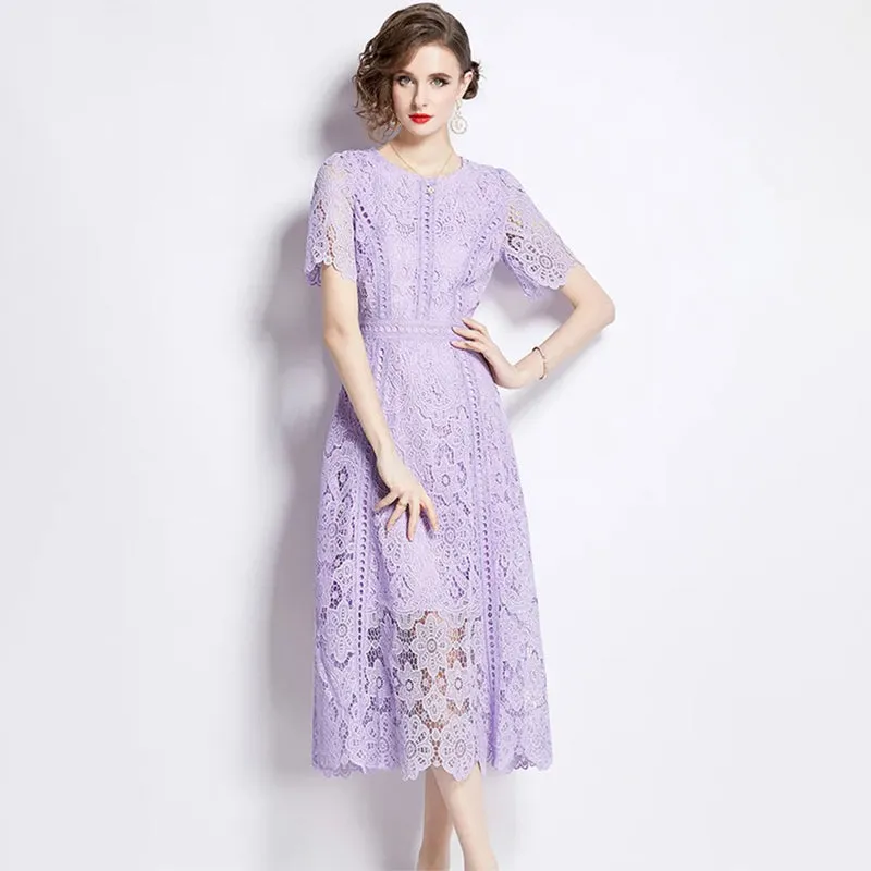 High-end Vibe of Summer Short Sleeve Lace Hollow Out Dress