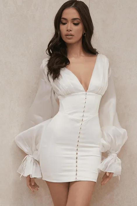 Lantern sleeves deep V waist white slim dress