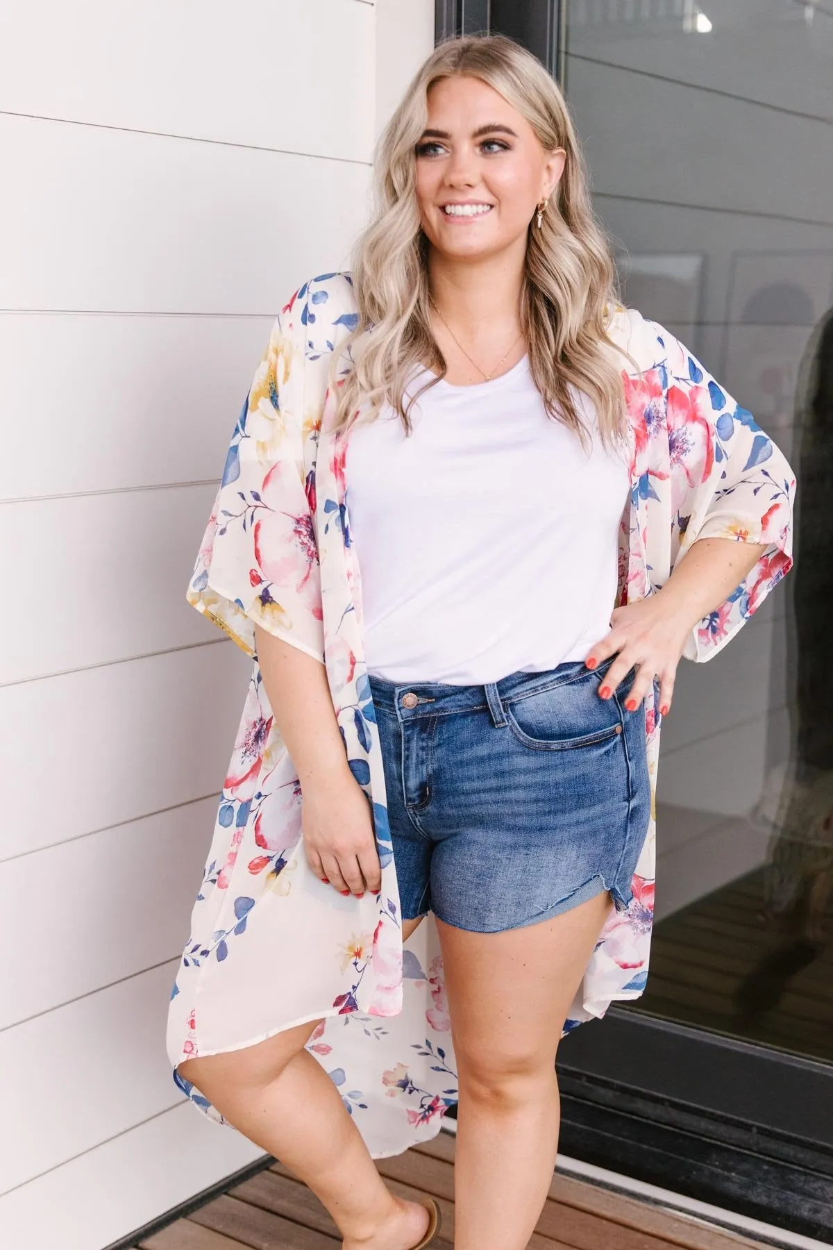 Lightweight Floral Kimono In Ivory