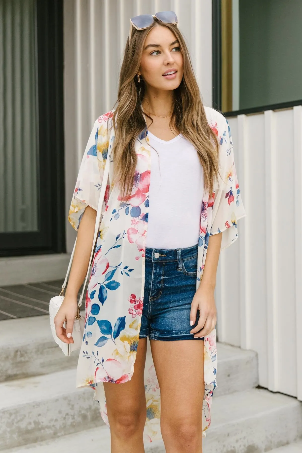 Lightweight Floral Kimono In Ivory