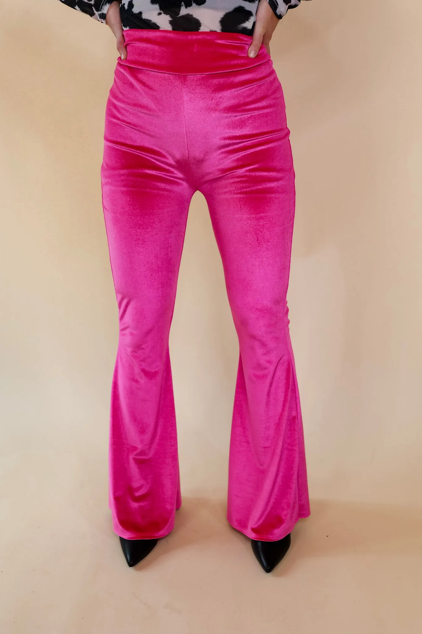 Luxe Standard Velvet Bell Bottom Pants in Hot Pink