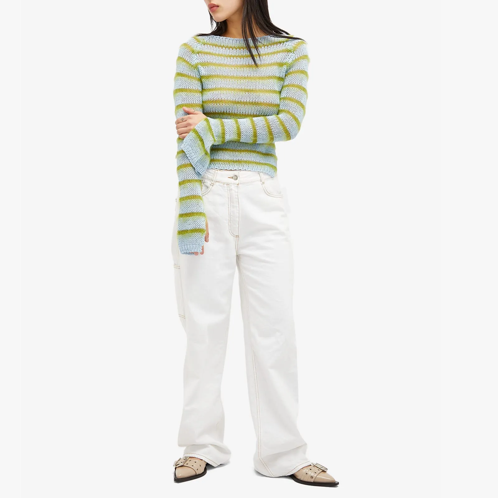 Marni Long Sleeve Boat Neck Striped Sweater in Iris Blue