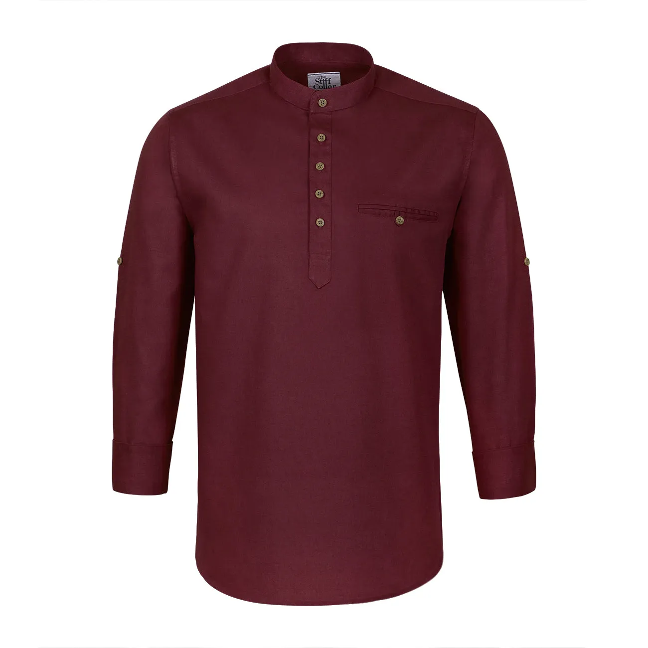 Maroon Cotton Linen Rolled-up Sleeve Short Kurta