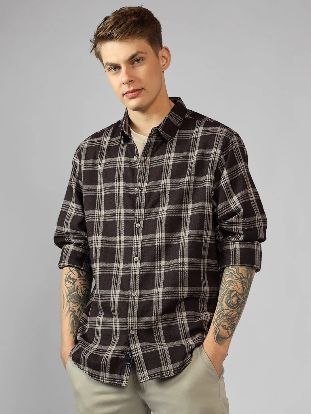 Men's Brown Tartan Checks Spread Collar Long Sleeves Relaxed Fit Casual Shirt