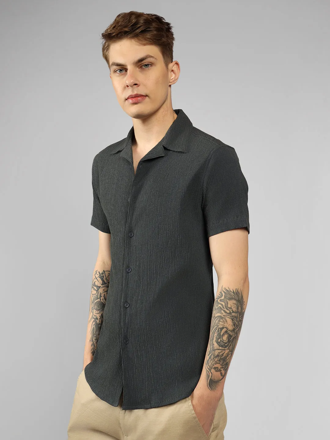 Men's Dark Grey Textured Cuban Collar Half Sleeve Relaxed Shirt