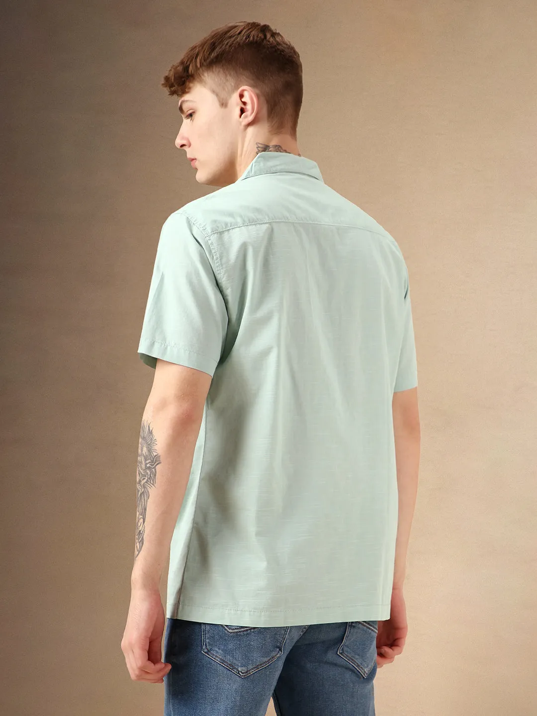 Men's Green Solid Cuban Collar Short Sleeves Relaxed Fit Casual Shirt