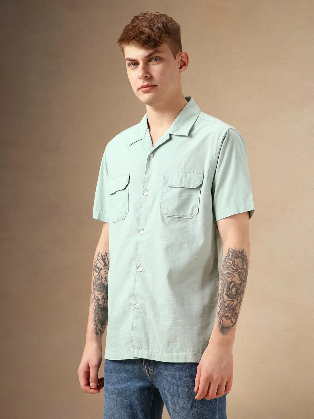 Men's Green Solid Cuban Collar Short Sleeves Relaxed Fit Casual Shirt