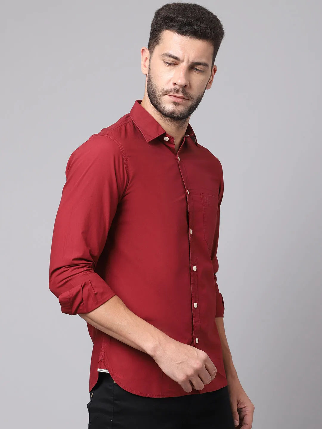 Men's Maroon Casual Plain Full Sleeve Shirt