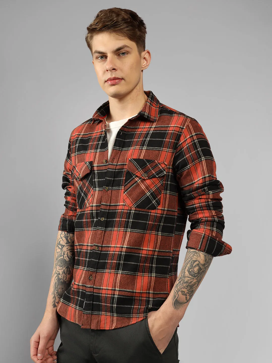 Men's Rust Checks Spread Collar Full Sleeve Relaxed Fit Shirt