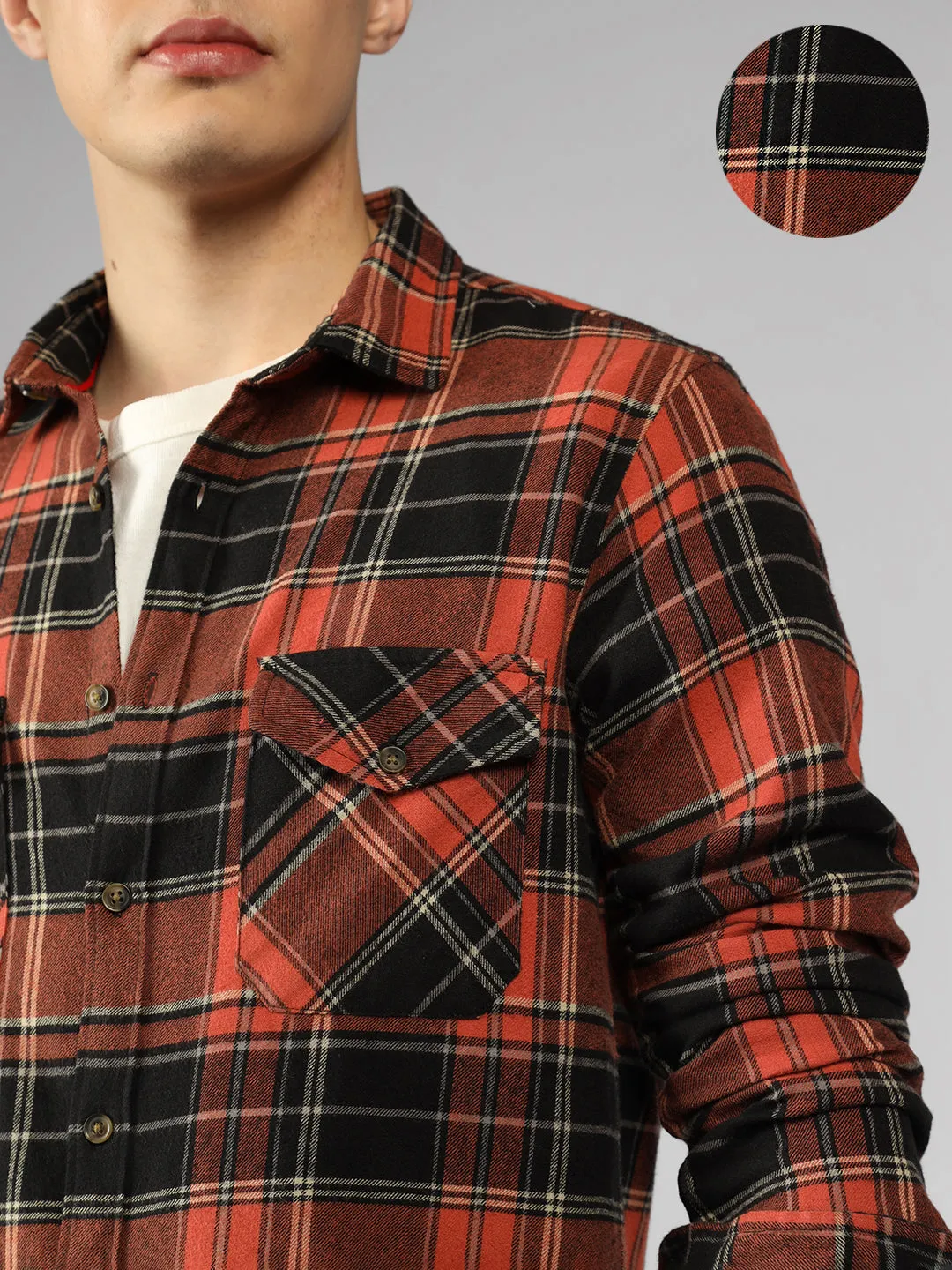 Men's Rust Checks Spread Collar Full Sleeve Relaxed Fit Shirt