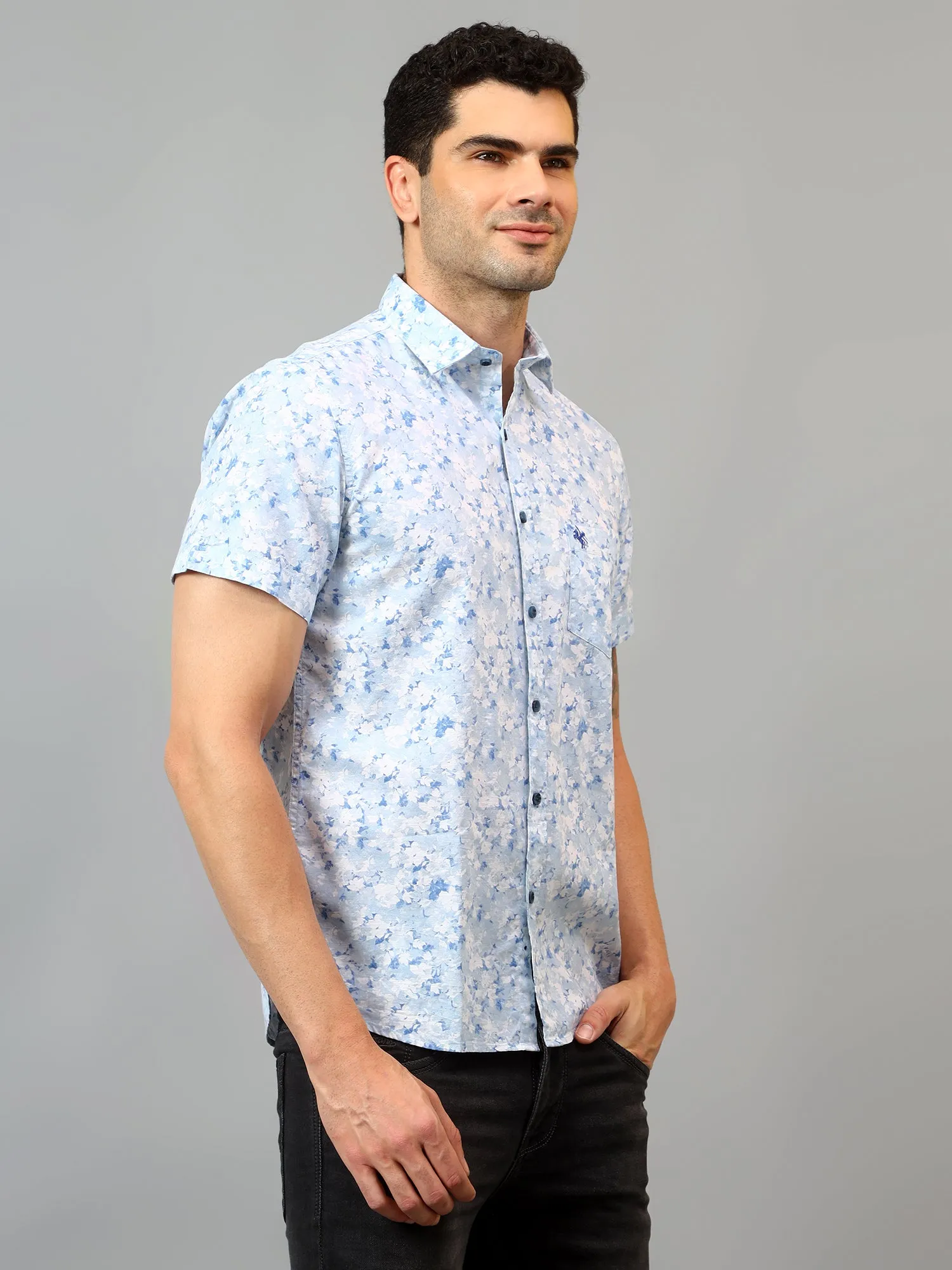 Men's Sky Blue Casual Floral Print Half sleeve Shirt