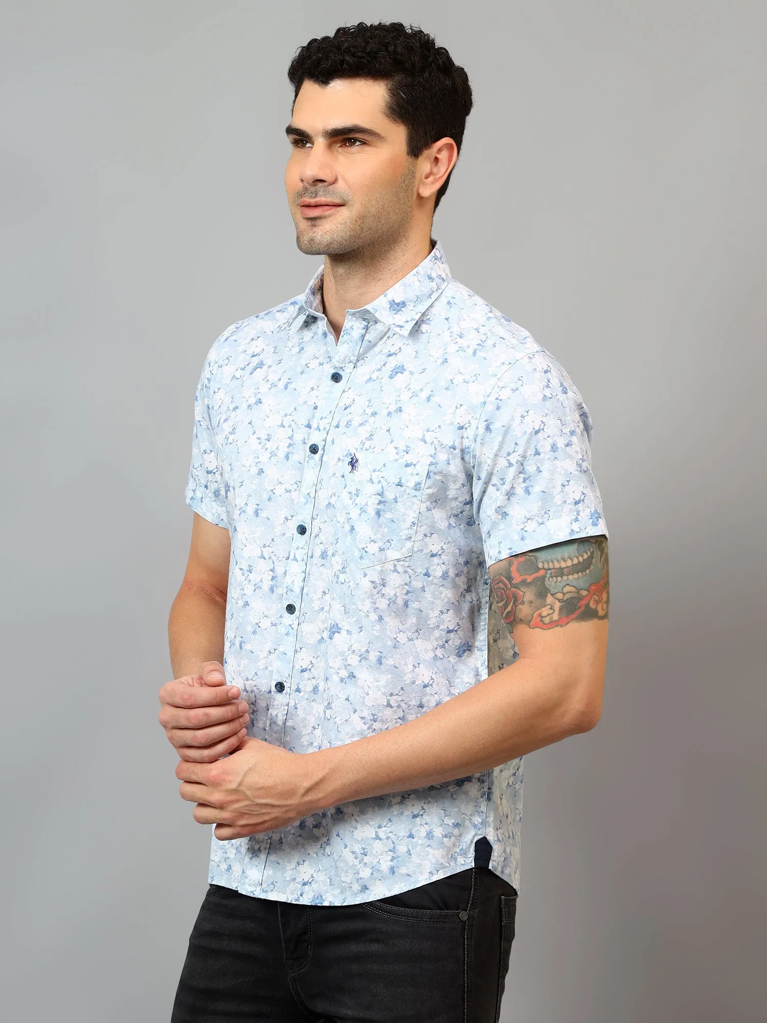 Men's Sky Blue Casual Floral Print Half sleeve Shirt