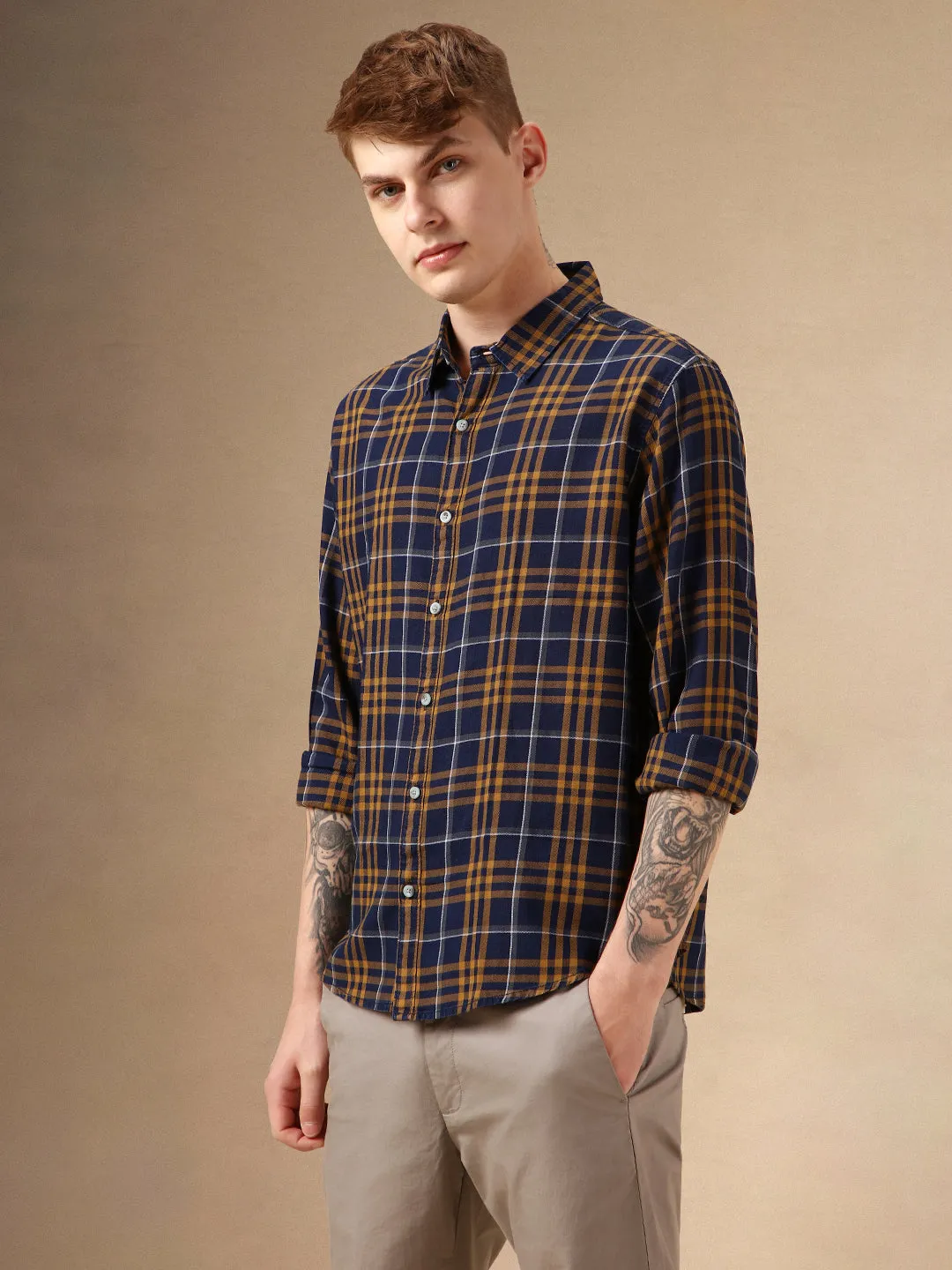 Men's Yellow Tartan Checks Spread Collar Long Sleeves Relaxed Fit Casual Shirt