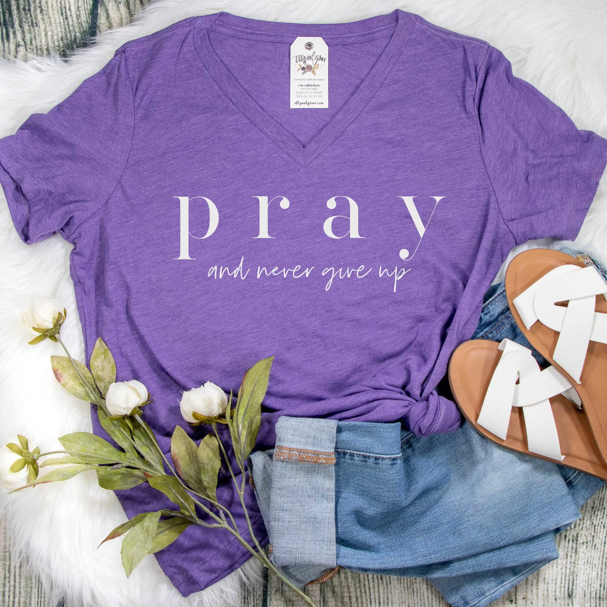 Pray and Never Give Up Ladies V-Neck